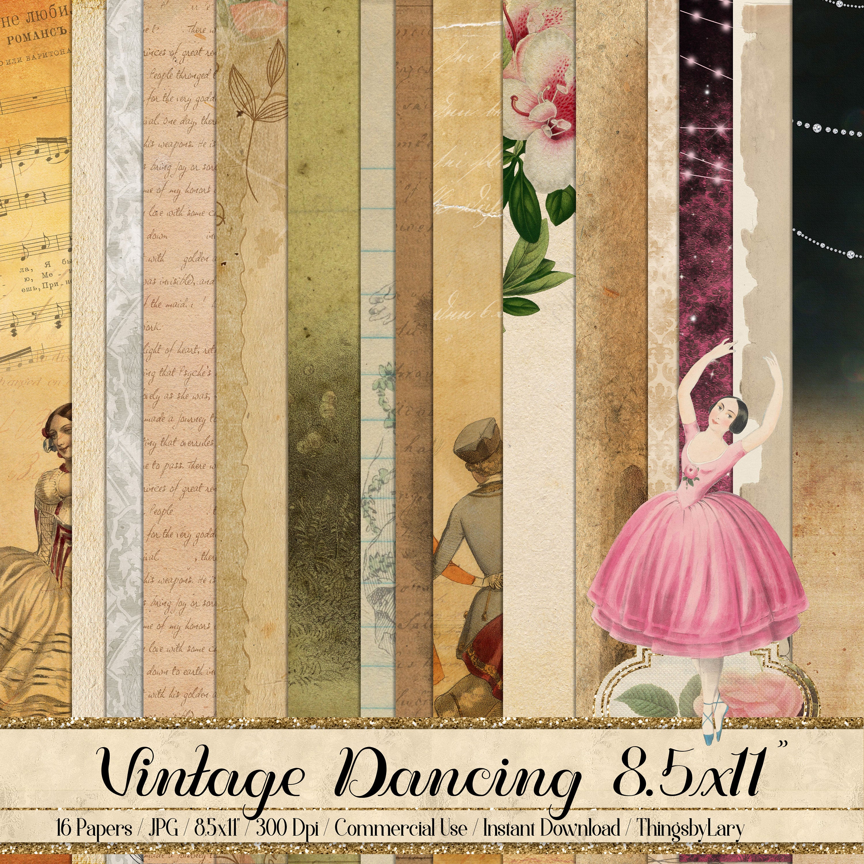16 Antique Ephemera Dancing Ballet Ballerina Digital Papers 8.5x11&quot; 300 dpi commercial use instant download vintage Printable travel Journal