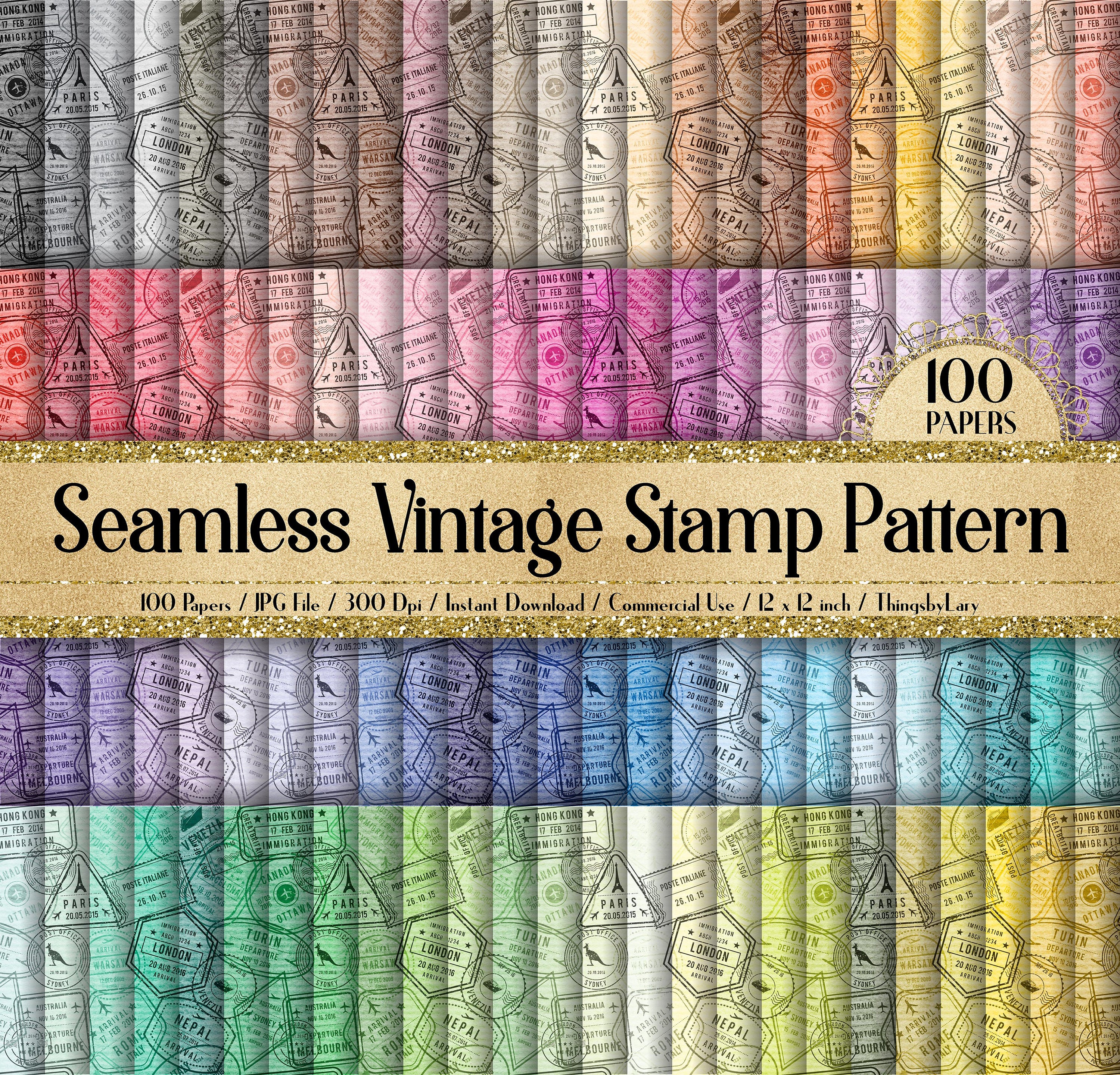 100 Seamless Vintage Postage Stamp Pattern Digital Papers 12x12&quot; 300 Dpi Commercial Use Instant Download Printable Ephemera Travel Mark Old