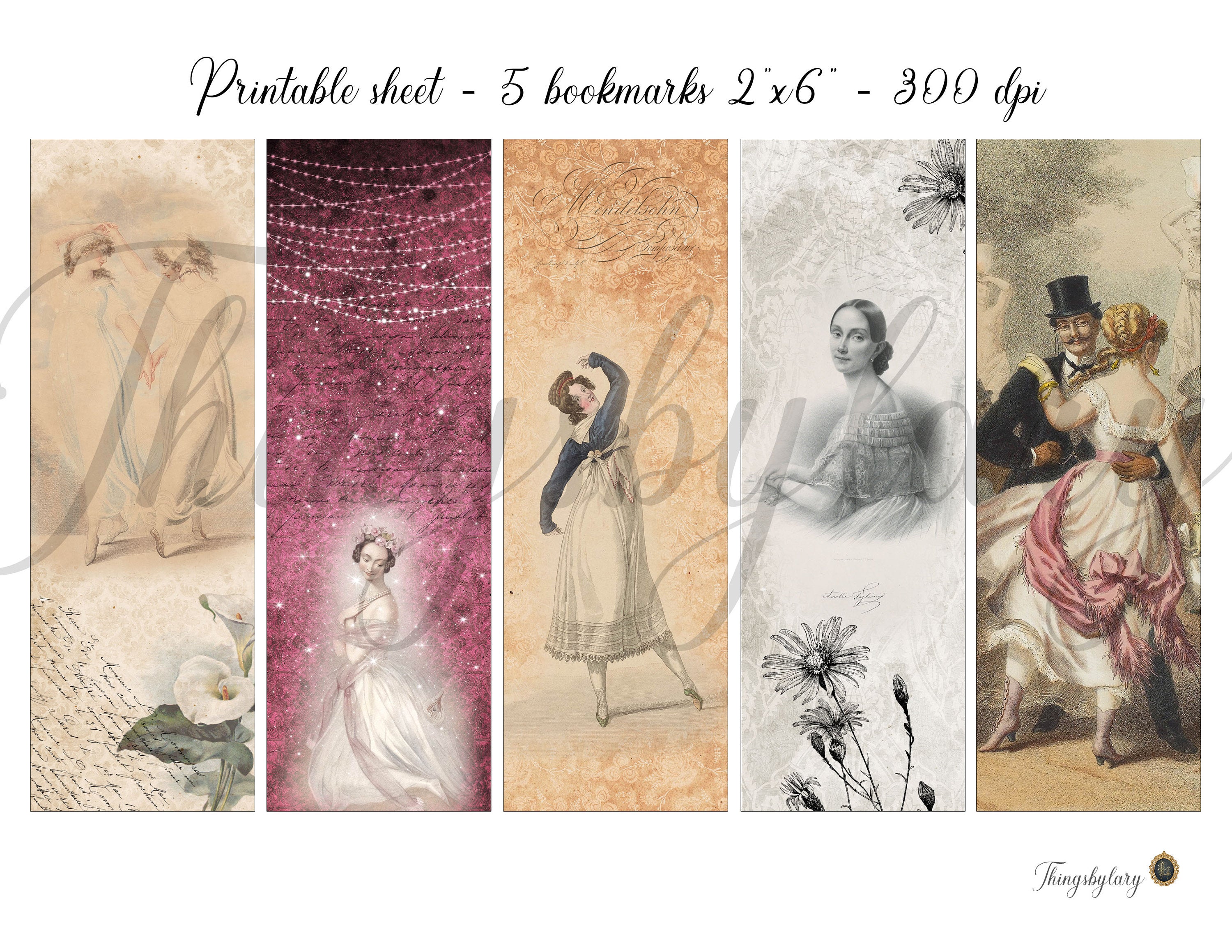 15 Vintage Ballerina Ephemera Bookmarks Printable sheet Digital Images 300 Dpi JPG Instant Download Commercial Use Antique Victorian Dancing