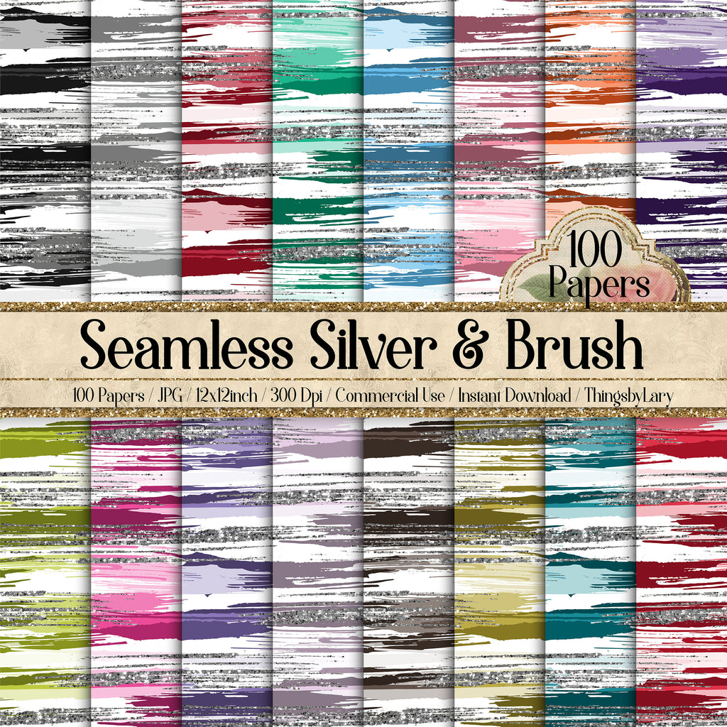 100 Seamless Silver Glitter and Brush Stroke Digital Papers 12x12&quot; 300 Dpi Planner Paper Scrapbook Printable Journal Paper Card Making Paint