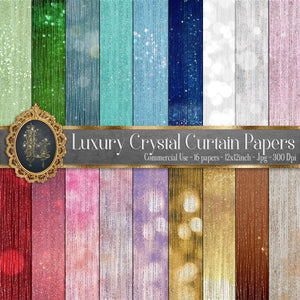 18 Luxury Crystal Curtain Digital Papers 12x12&quot; 300 Dpi Planner Paper Scrapbook Tinsel Hanging Glitter Bokeh Blurred Background Valentine