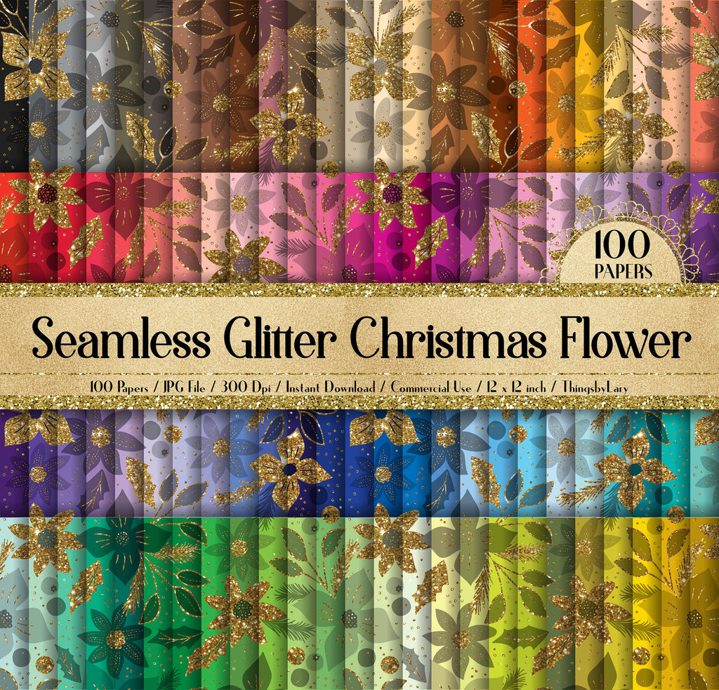 100 Seamless Glitter Christmas Floral Digital Papers 12x12&quot; 300 Dpi Planner Paper Instant Download Commercial Use Winter Holiday Flower Gold