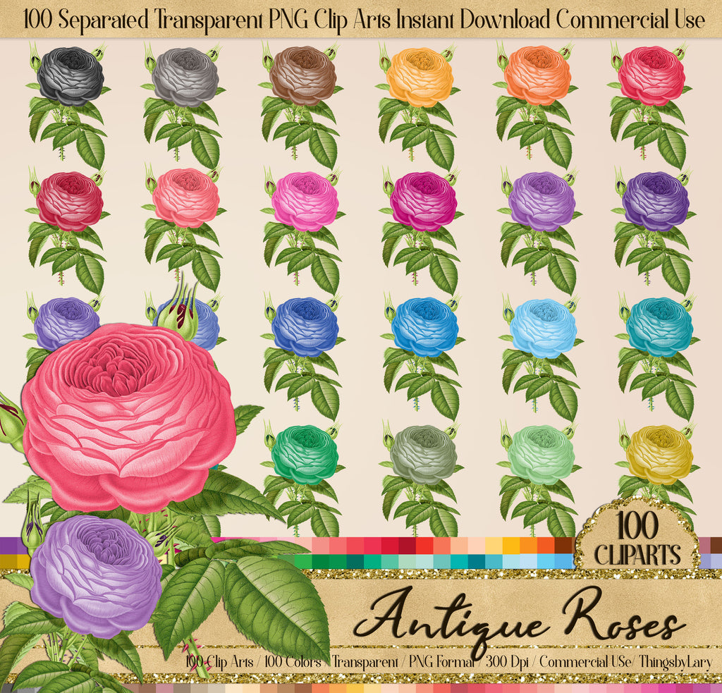 100 Antique Rose Flower Digital Images PNG 300 Dpi Instant Download Commercial Use Planner Clip art Scrapbook Vintage Peony Wedding Rose