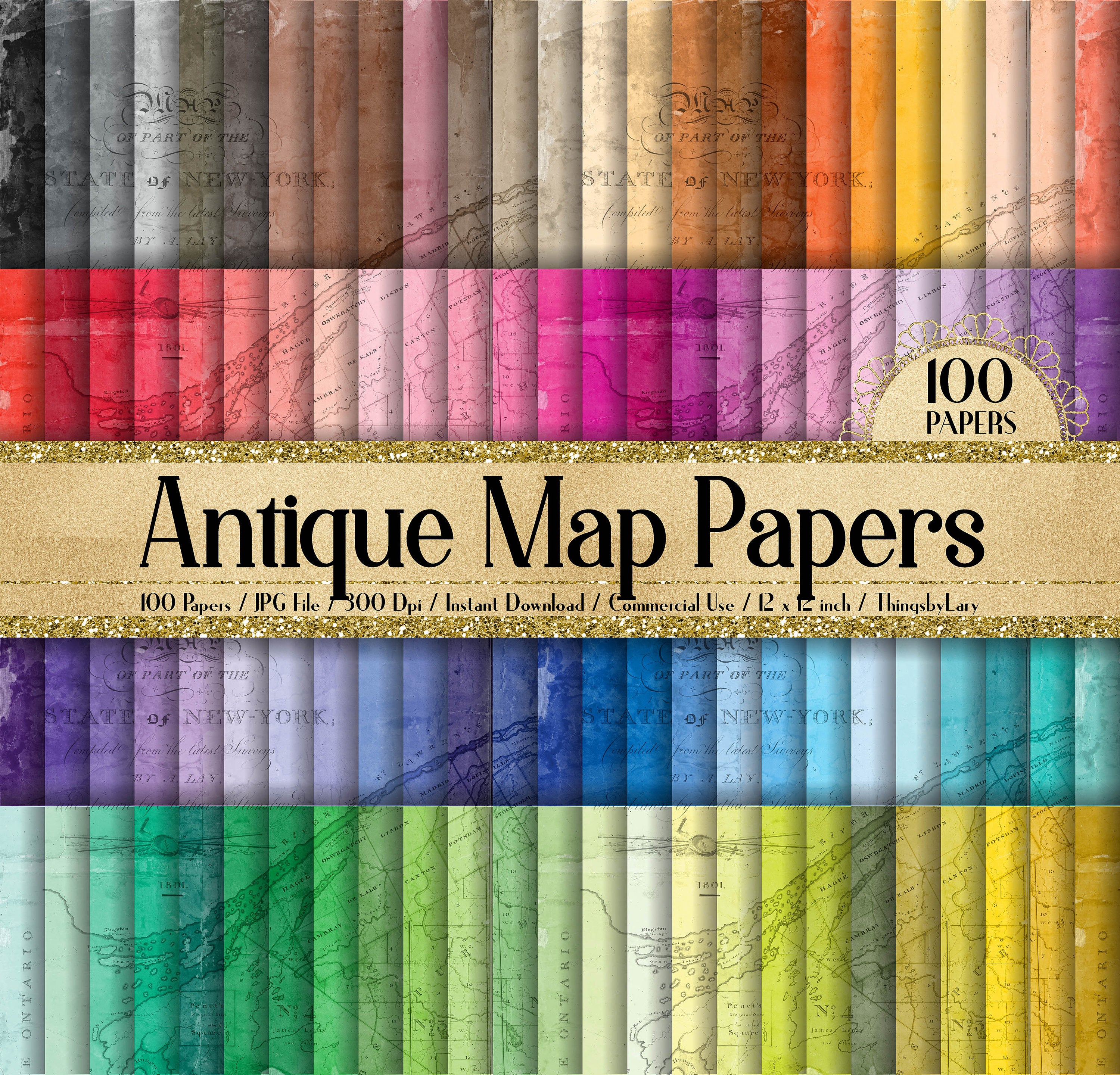 100 Vintage Maps Digital Papers 12x12&quot; 300 Dpi Commercial Use Planner Paper Scrapbook Ephemera Antique Parchment Old Paper USA maps New York