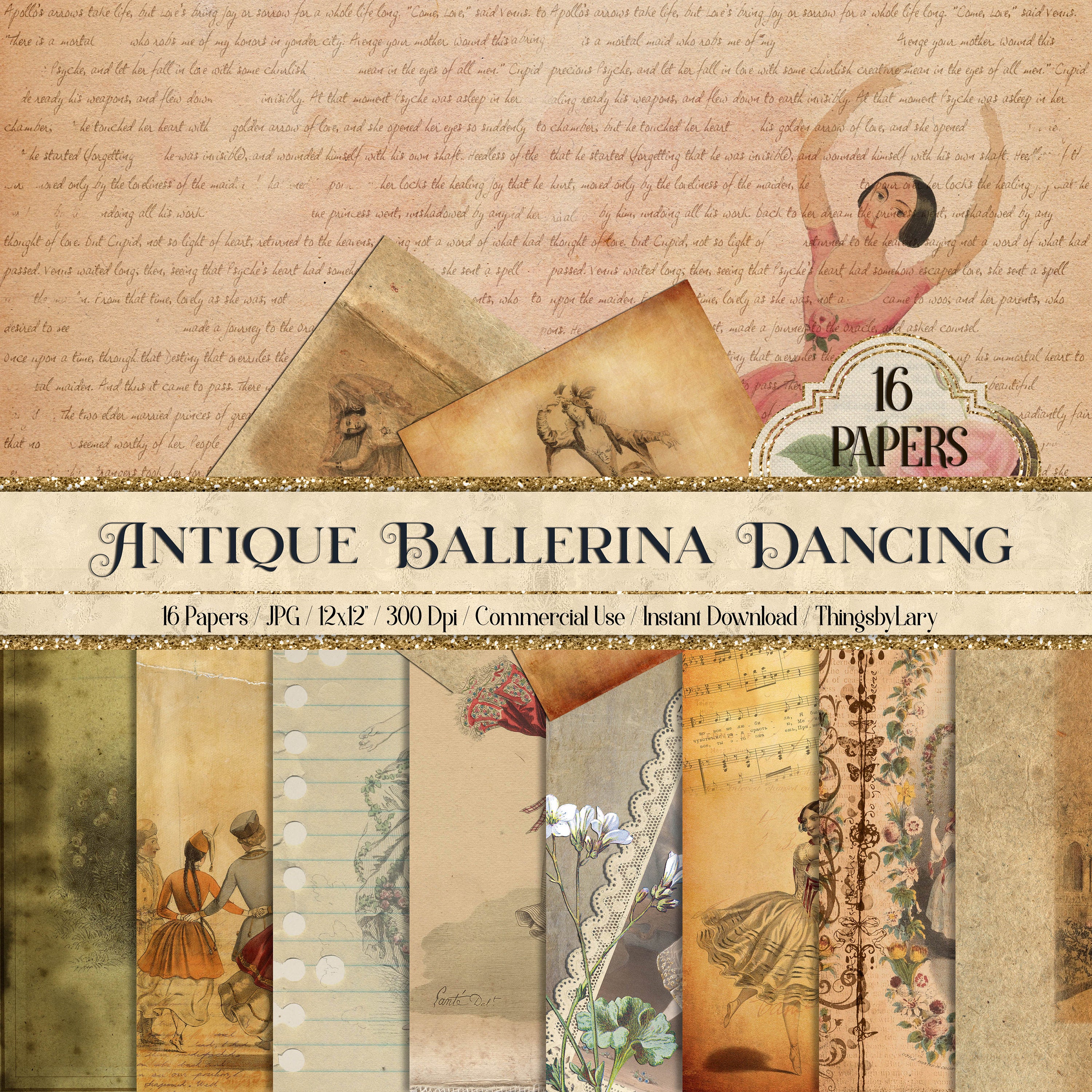 16 Antique Ephemera Dancing Ballet Ballerina Digital Papers 12x12&quot; 300 dpi commercial use instant download vintage Printable travel Journal