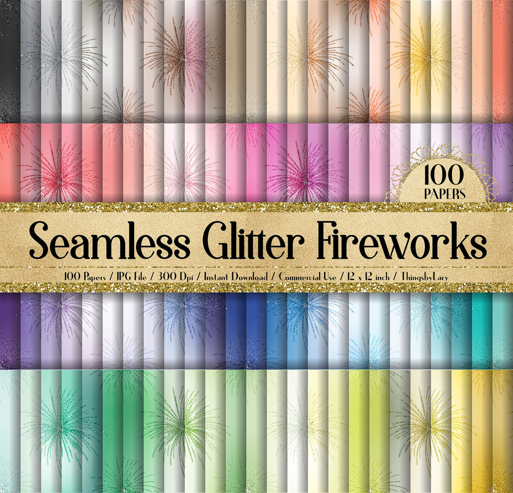 100 Seamless Glitter Firework Digital Papers 12x12&quot; 300 Dpi Instant Download Commercial Use Planner Paper New Year Eve Christmas Holiday