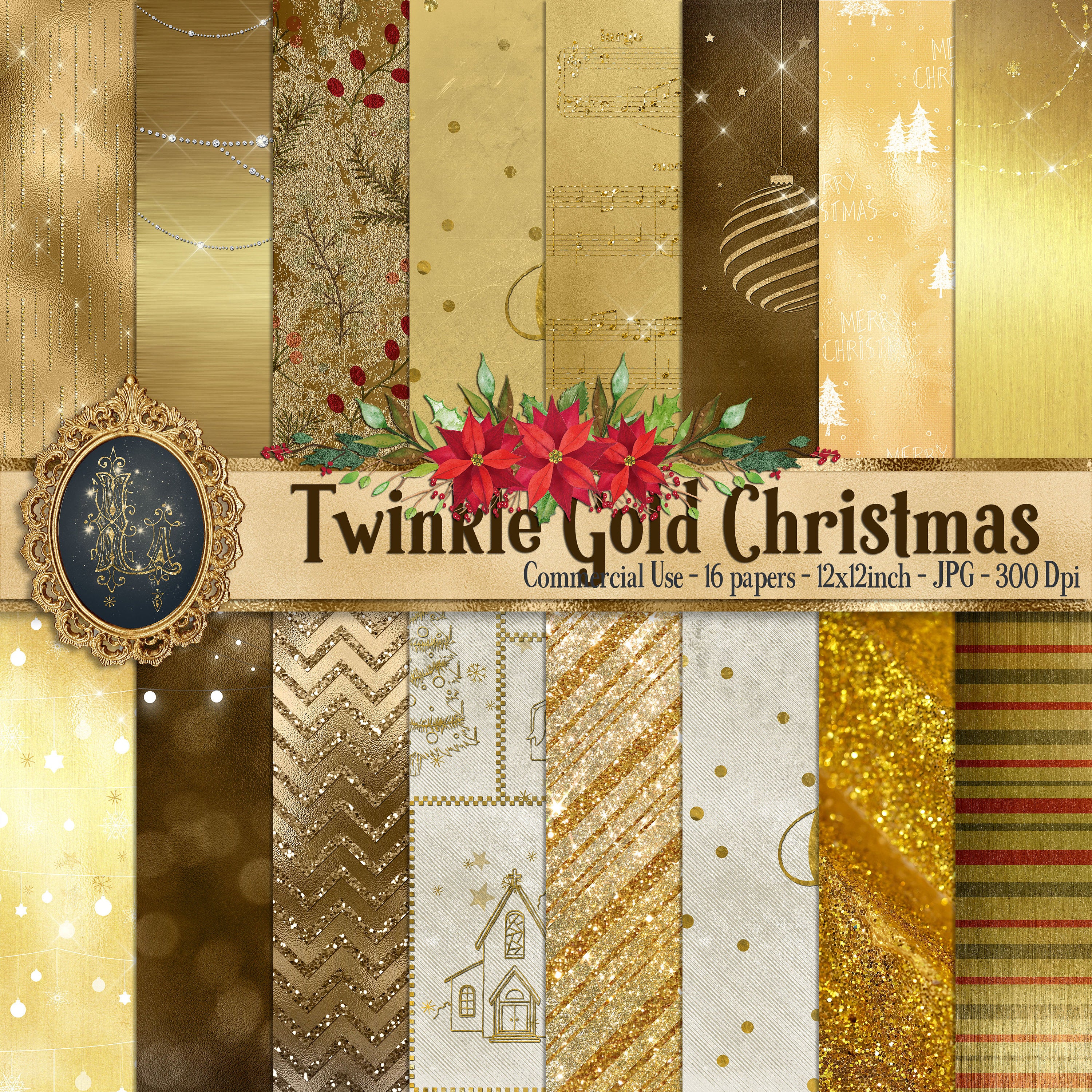 16 Twinkle Gold Christmas Digital Papers 12x12&quot; 300 dpi commercial use instant download winter holiday Xmas New Year Gold Floral Glitter