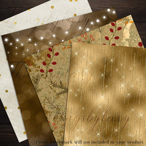16 Twinkle Gold Christmas Digital Papers 12x12&quot; 300 dpi commercial use instant download winter holiday Xmas New Year Gold Floral Glitter
