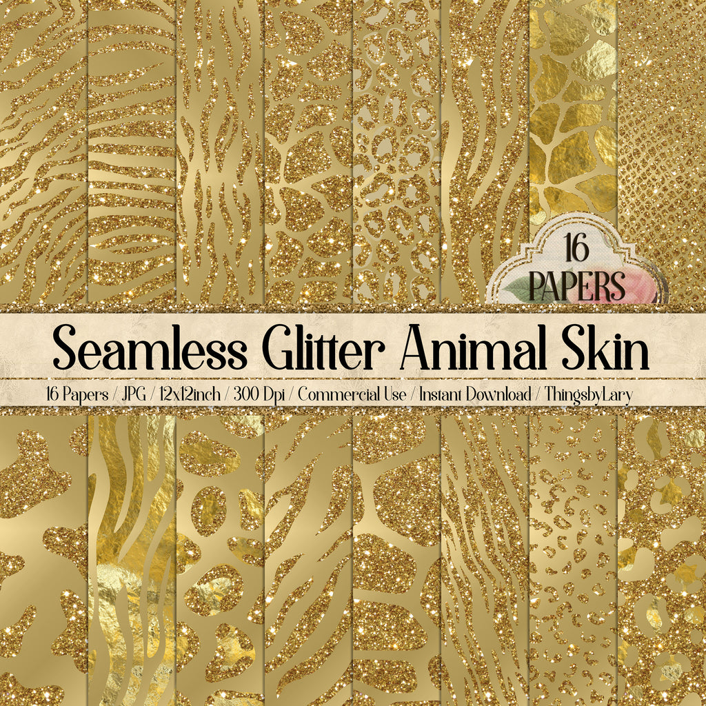 16 Seamless Gold Glitter Animal Skin Prints Digital Papers 12&quot; 300 dpi commercial use instant download Cheetah leopard zebra tiger cow snake