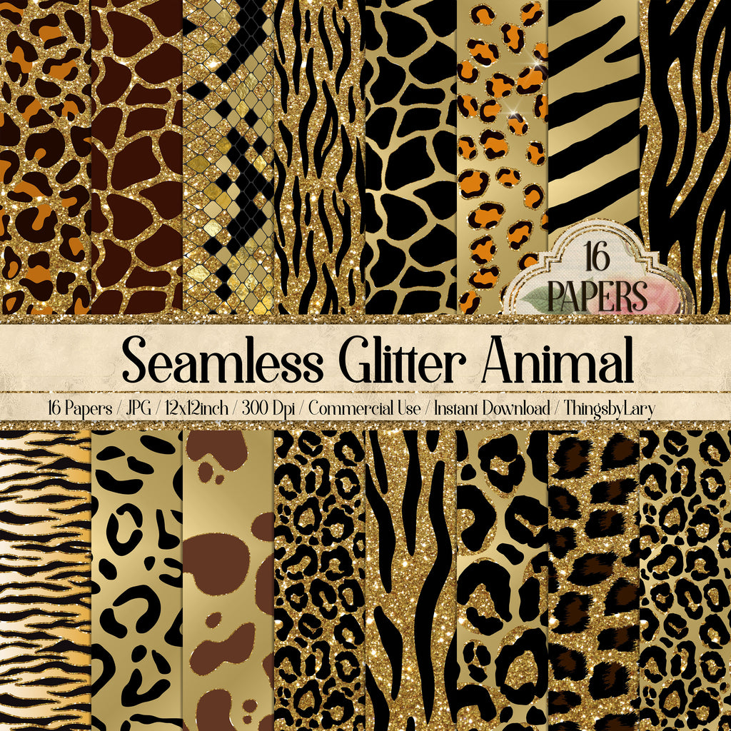 16 Seamless Glitter Animal Skin Prints Digital Papers 12&quot; 300 dpi commercial use instant download Cheetah leopard zebra tiger snake giraffe
