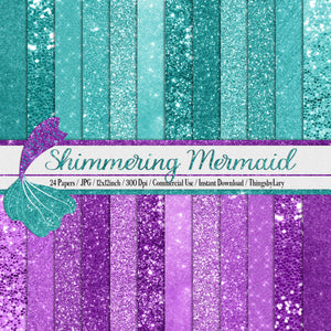 24 Shimmering Mermaid Glitter Digital Papers 12 x 12 inch 300 Dpi Planner Paper Commercial Use Scrapbook Paper Glitter Sequin Foil Metallic