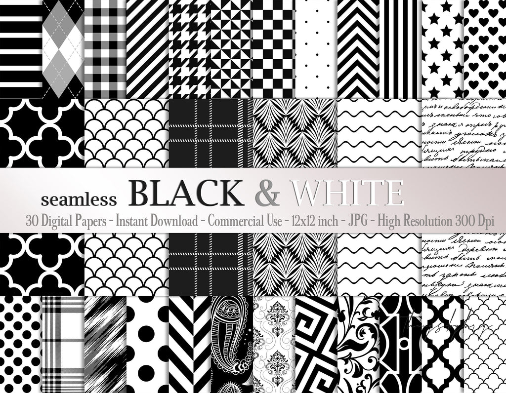 30 Seamless Black & White Basic Common Home Decor Prints Patterns Digital Papers Instant Download Commercial Use 12x12&quot; Wave Floral Star