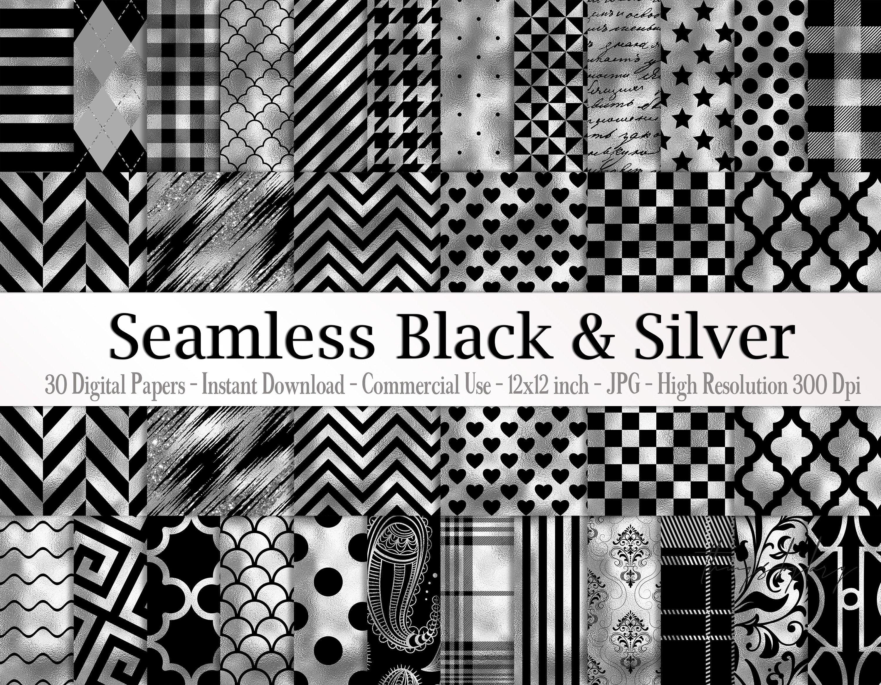 30 Seamless Black & Silver Basic Common Home Decor Prints Patterns Digital Papers Instant Download Commercial Use 12x12&quot; Luxury Foil Glitter