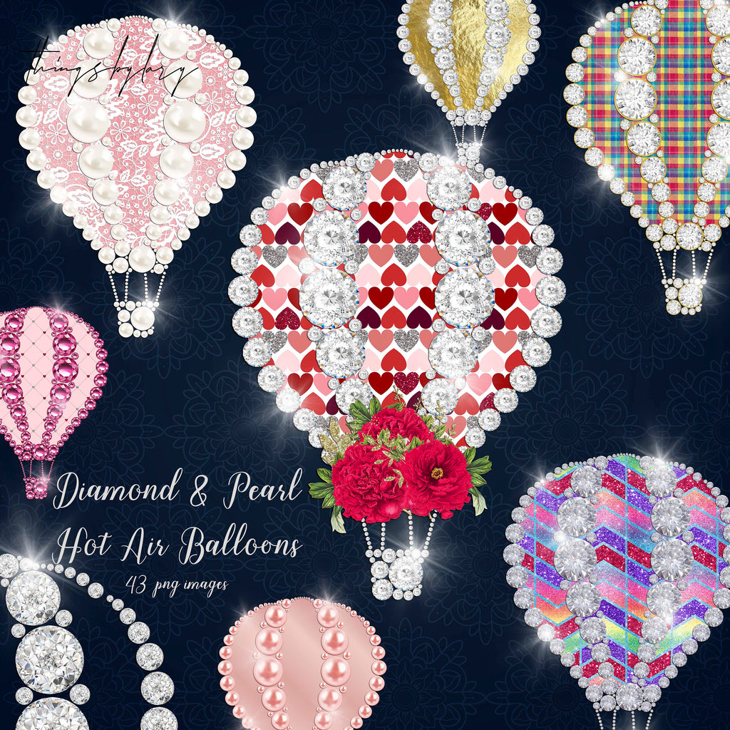 43 Diamond Pearl Gold Glitter Rainbow Hot Air Balloons 300 Dpi PNG Instant Download Commercial Use Real Diamond Vacation Travel Adventure