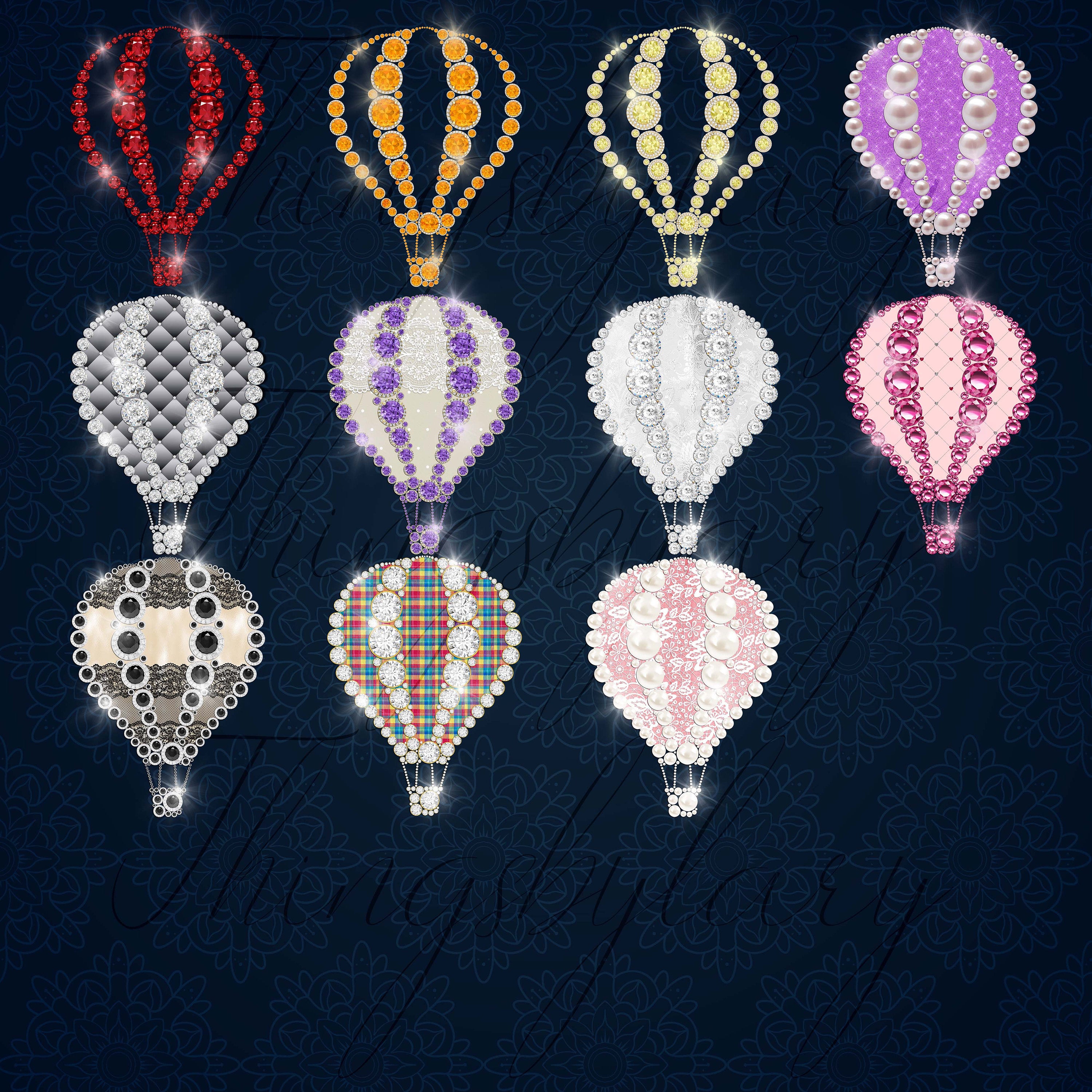 43 Diamond Pearl Gold Glitter Rainbow Hot Air Balloons 300 Dpi PNG Instant Download Commercial Use Real Diamond Vacation Travel Adventure