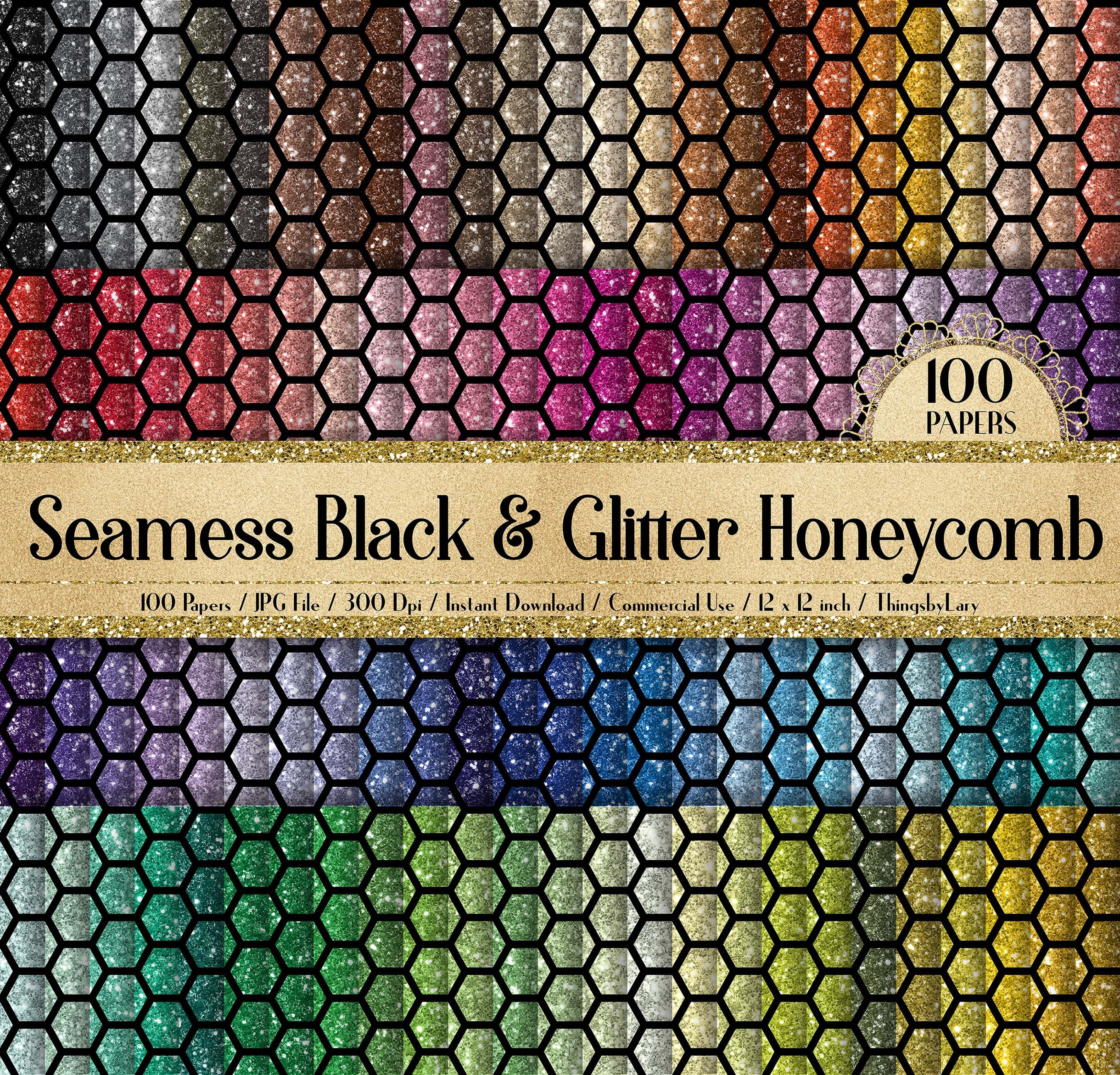 100 Seamless Glitter and Black Honeycomb Digital Papers 12x12&quot; 300 Dpi Commercial Use Instant Download Printable Pattern Baby Shower Nature