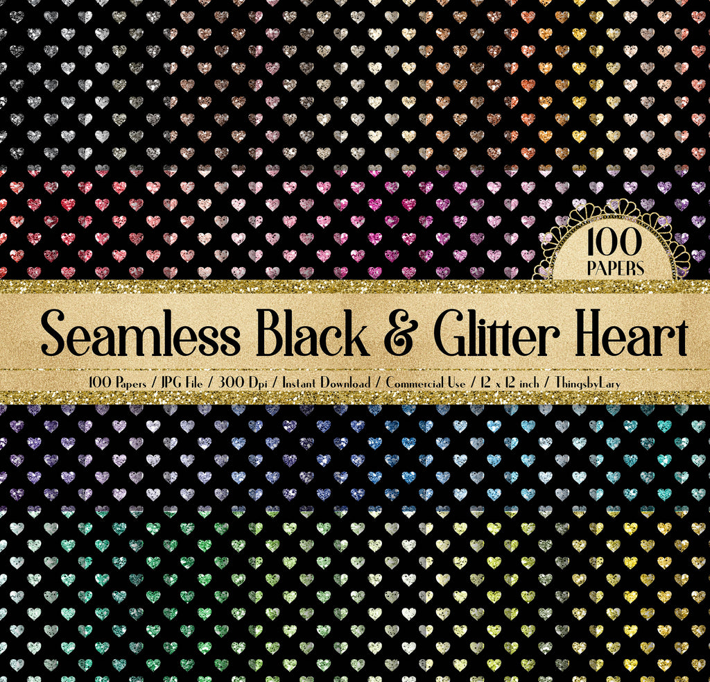 100 Seamless Black and Glitter Heart Pattern Digital Papers 12x12&quot; 300 Dpi Commercial Use Instant Download Printable Love Valentine Wedding