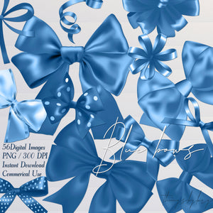 56 Classic Blue Satin Bows and Ribbons Digital Images 300 Dpi PNG Transparent Instant Download Commercial Use Bridal Shower Wedding Kid Girl
