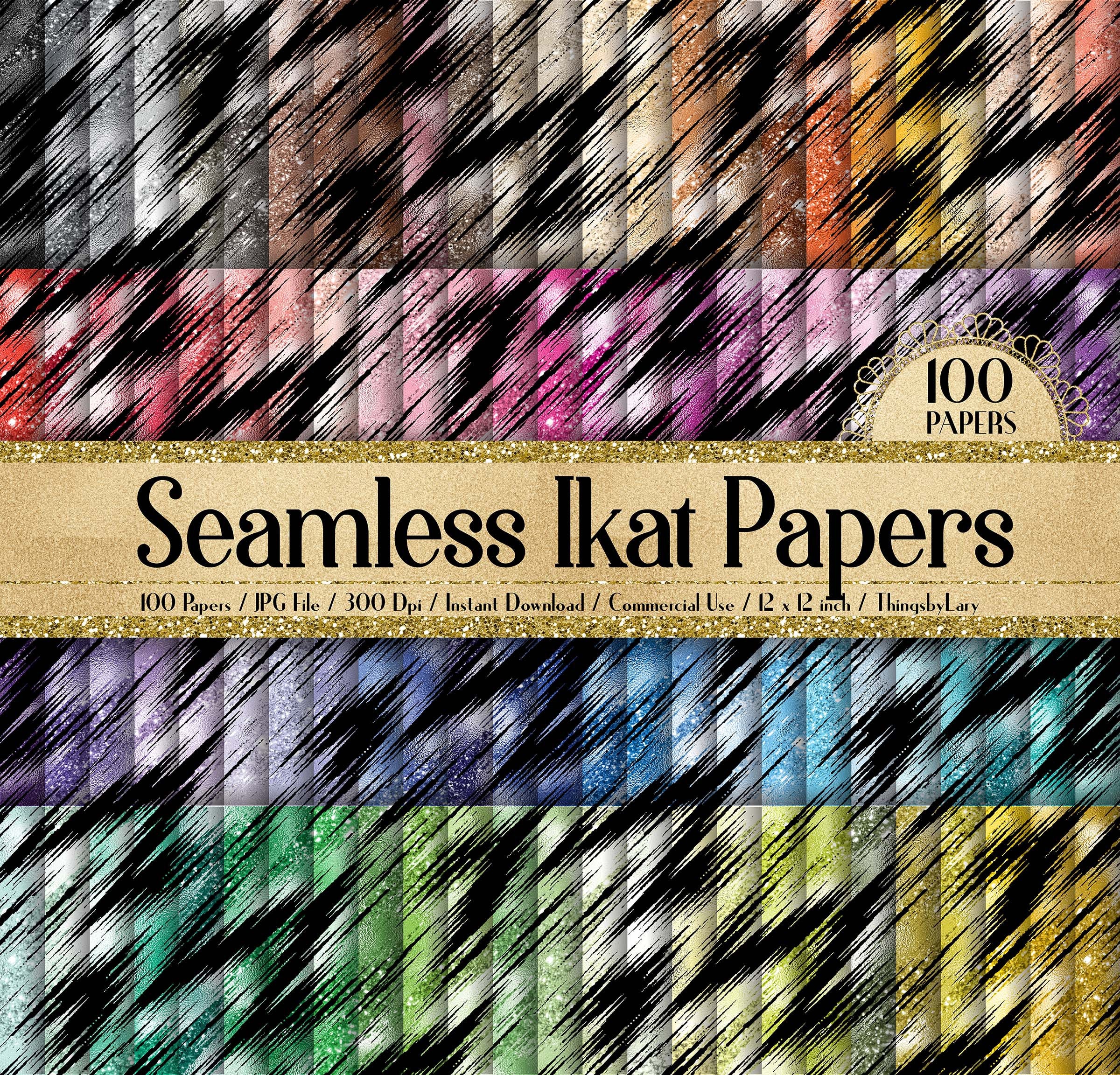 100 Seamless Glitter Ikat Pattern Digital Papers 12x12&quot; 300 Dpi Planner Paper Scrapbook Printable Journal Paper Card Making Paint Tie Dye
