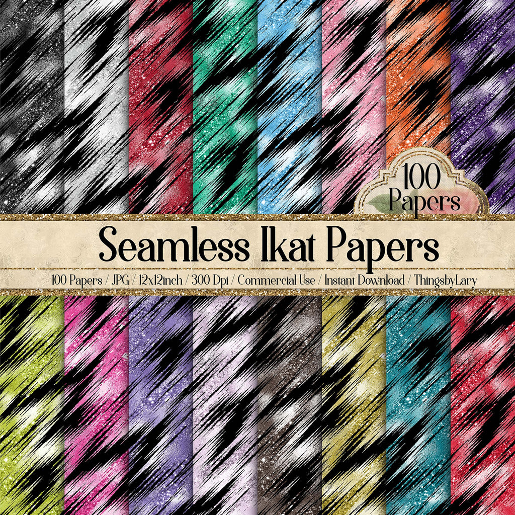 100 Seamless Glitter Ikat Pattern Digital Papers 12x12&quot; 300 Dpi Planner Paper Scrapbook Printable Journal Paper Card Making Paint Tie Dye