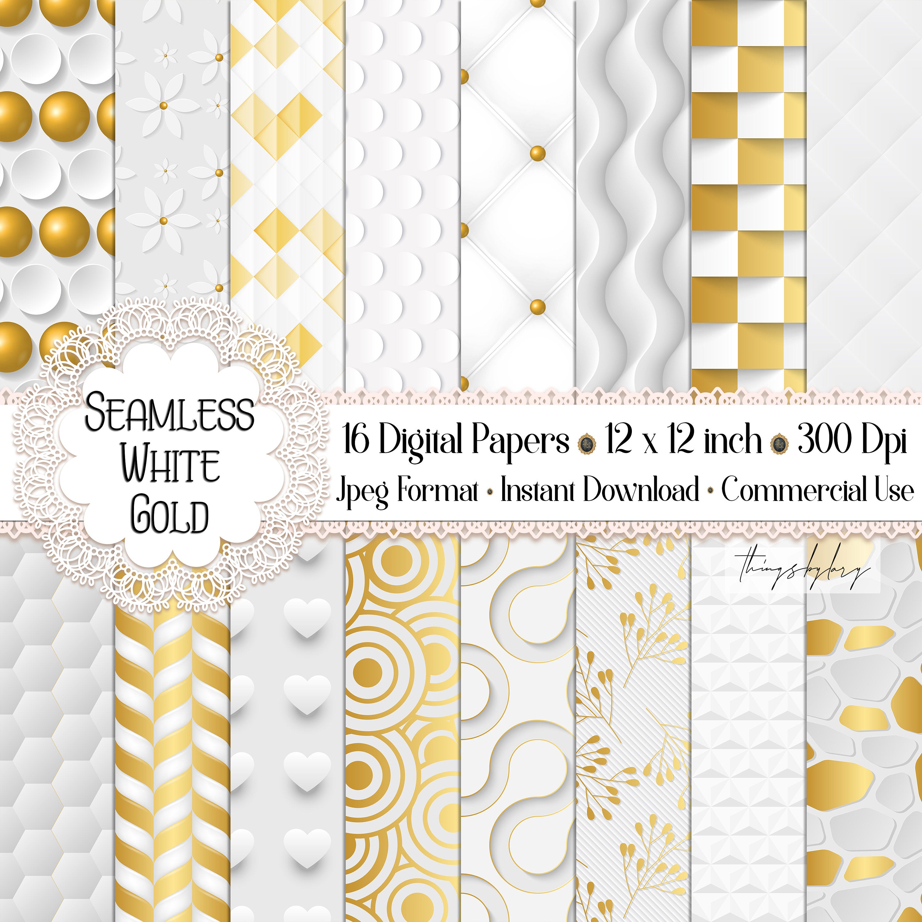 16 Seamless White Gold Digital Papers 12&quot; 300 dpi commercial use instant download upholstery quilt tufted geometric herringbone floral heart