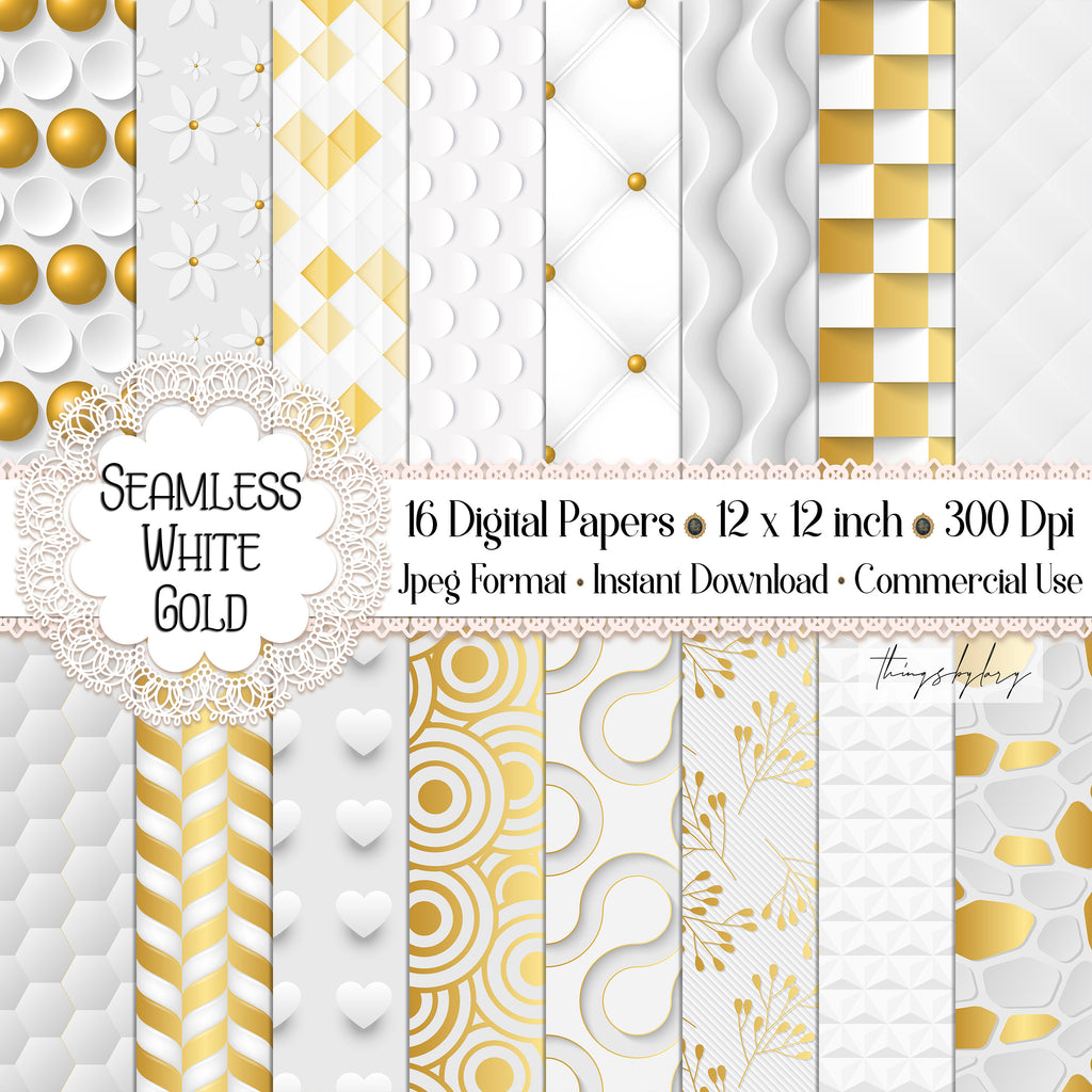 16 Seamless White Gold Digital Papers 12&quot; 300 dpi commercial use instant download upholstery quilt tufted geometric herringbone floral heart