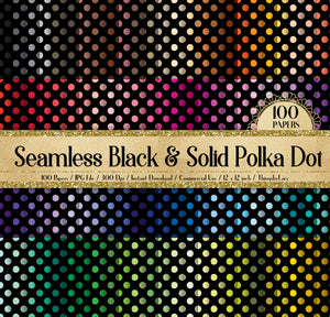 100 Seamless Black and Solid Polka Dot Digital Papers 12x12&quot; 300 Dpi Commercial Use Instant Download Printable Journal Rainbow Fabric Print