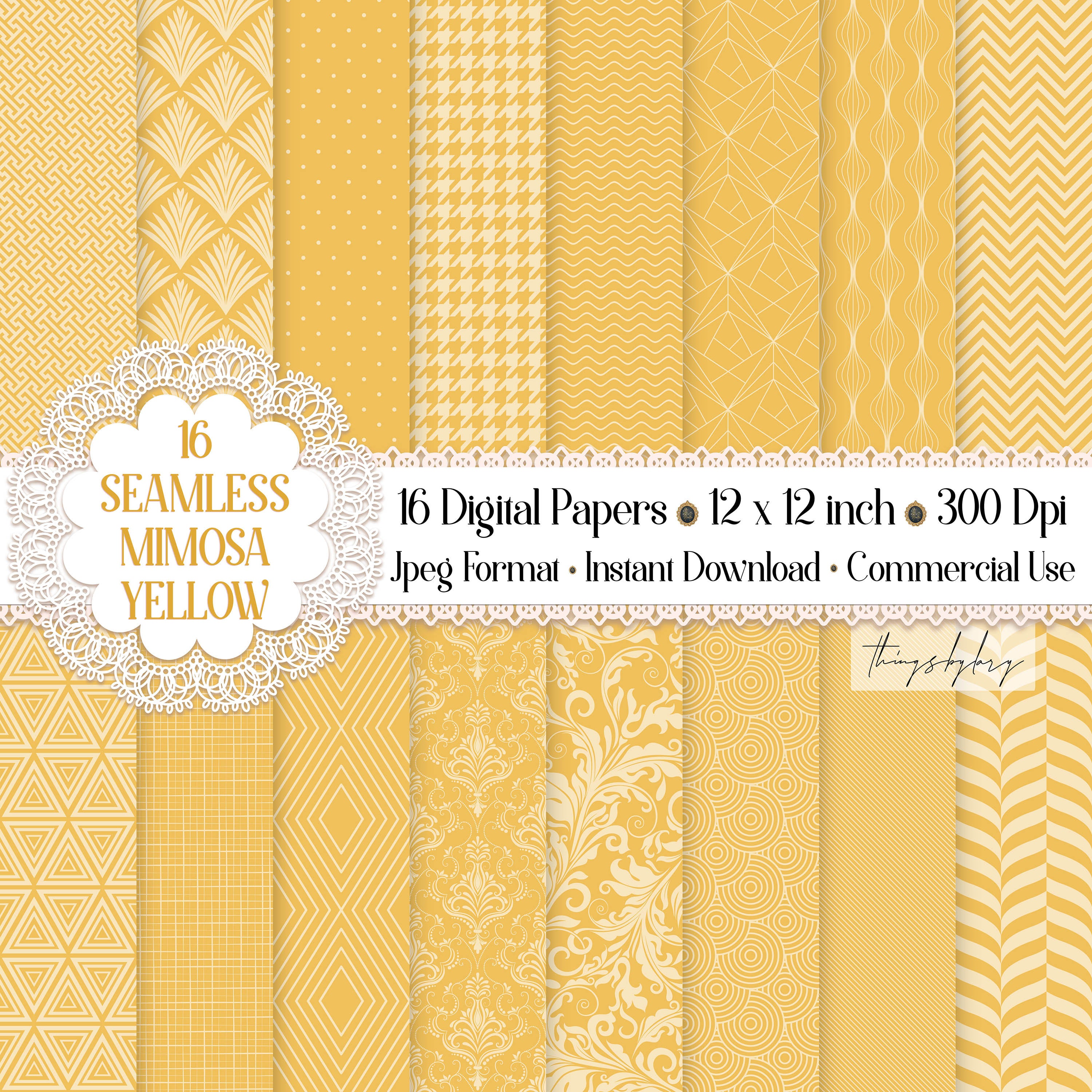 16 Seamless Luxury Mimosa Yellow Digital Papers 300 dpi commercial use yellow damask art deco houndstooth summer shine bright herringbone