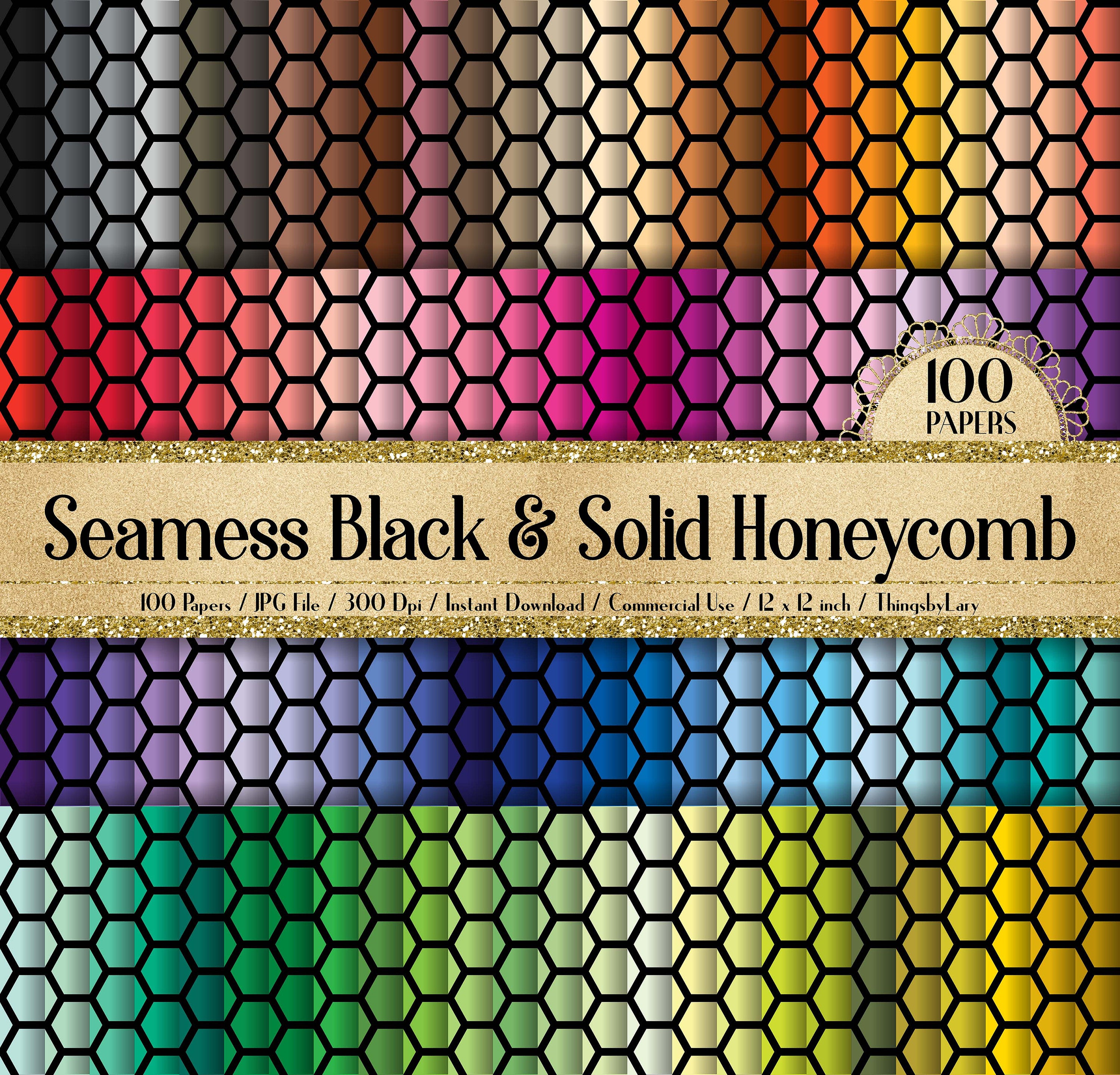 100 Seamless Black and Solid Honeycomb Digital Papers 12x12&quot; 300 Dpi Commercial Use Instant Download Printable Pattern Baby Shower Nature