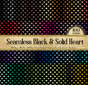100 Seamless Black and Solid Heart Pattern Digital Papers 12x12&quot; 300 Dpi Commercial Use Instant Download Printable Love Valentine Wedding