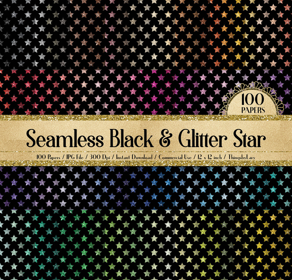 100 Seamless Black and Glitter Star Pattern Digital Papers 12x12&quot; 300 Dpi Commercial Use Instant Download Printable Minimal Basic Pattern