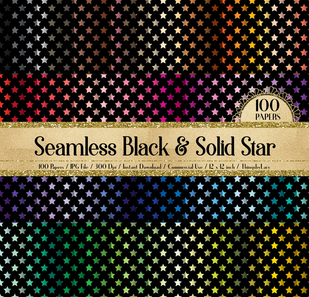 100 Seamless Black and Solid Star Pattern Digital Papers 12x12&quot; 300 Dpi Commercial Use Instant Download Printable Baby Shower Birthday Party