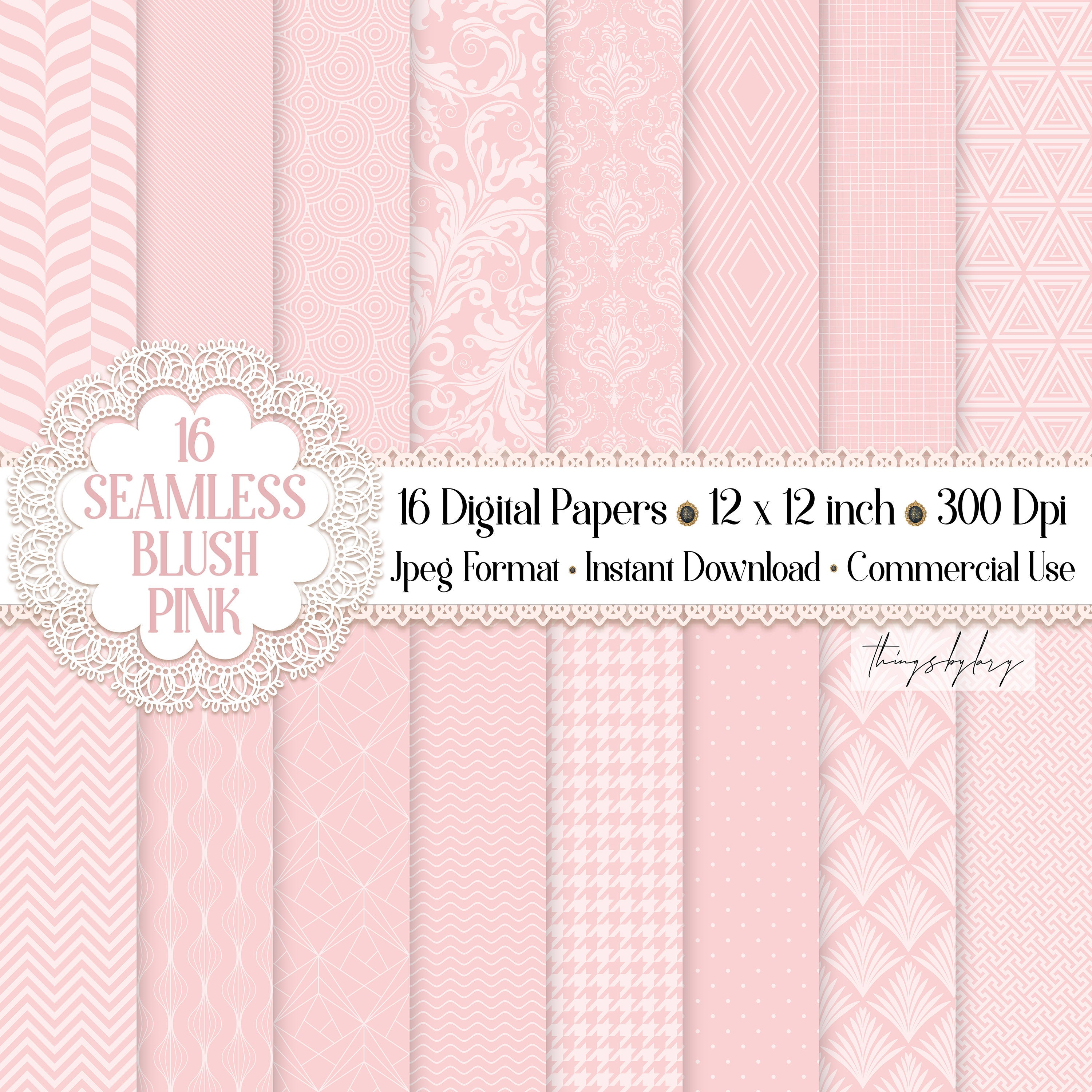 16 Seamless Luxury Blush Pink Digital Papers 300 dpi commercial use blush pink pattern pink damask art deco houndstooth wedding shabby chic