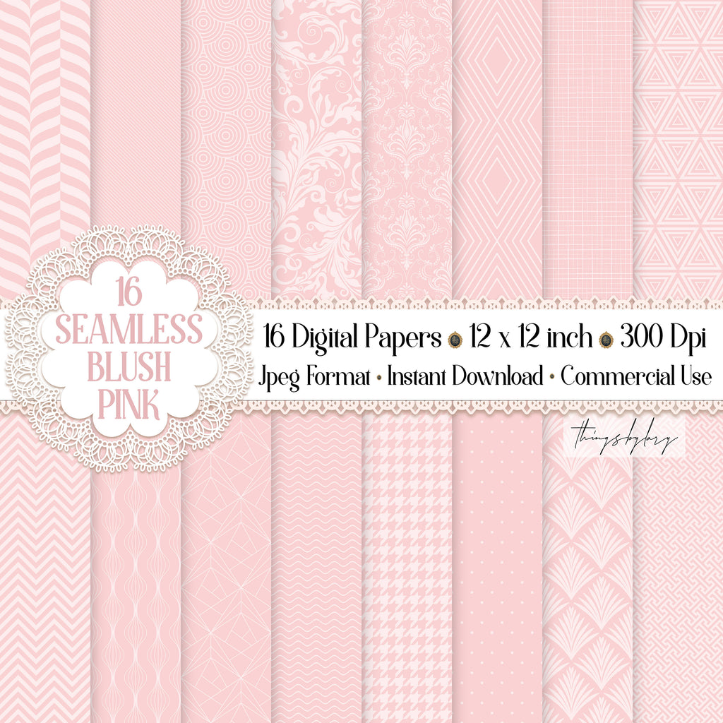 16 Seamless Luxury Blush Pink Digital Papers 300 dpi commercial use blush pink pattern pink damask art deco houndstooth wedding shabby chic