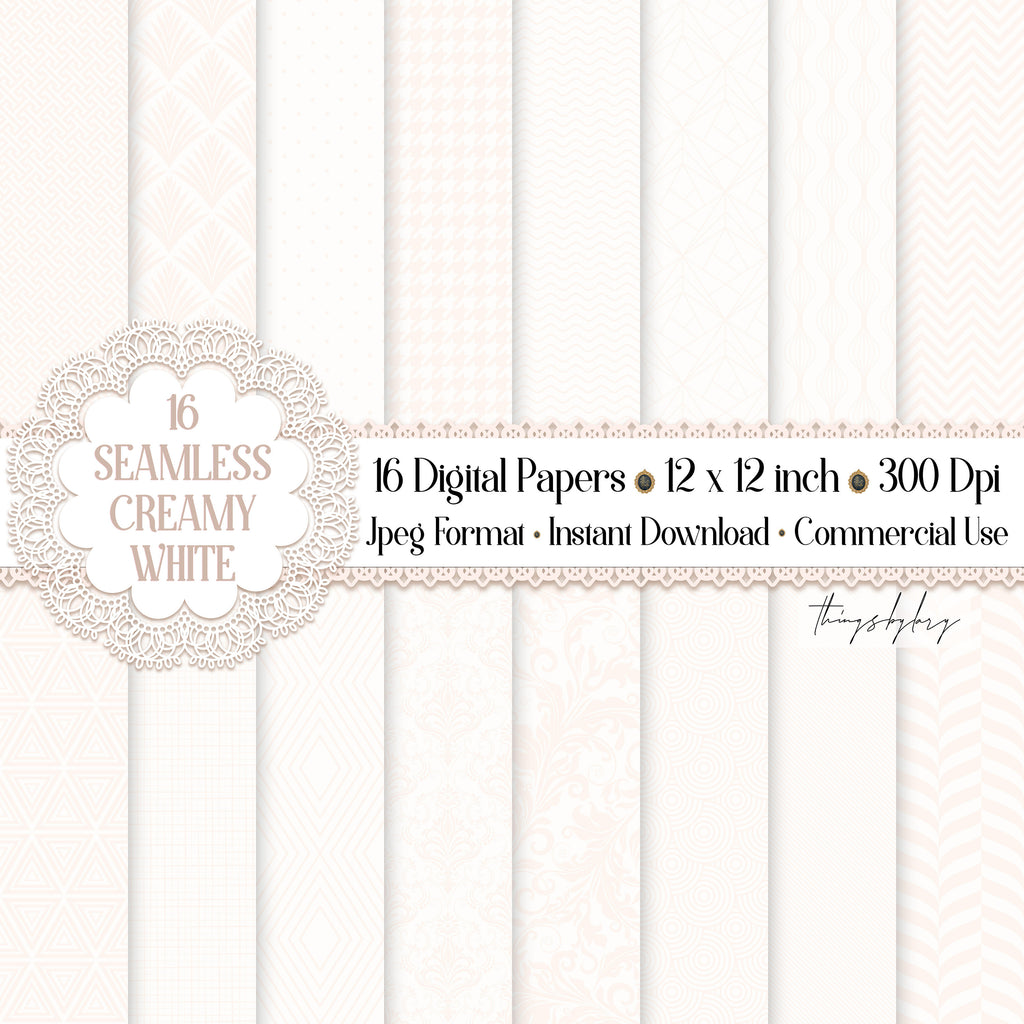 16 Seamless Luxury White Digital Papers 300 dpi commercial use white ivory cream pattern white damask geometric art deco houndstooth wedding