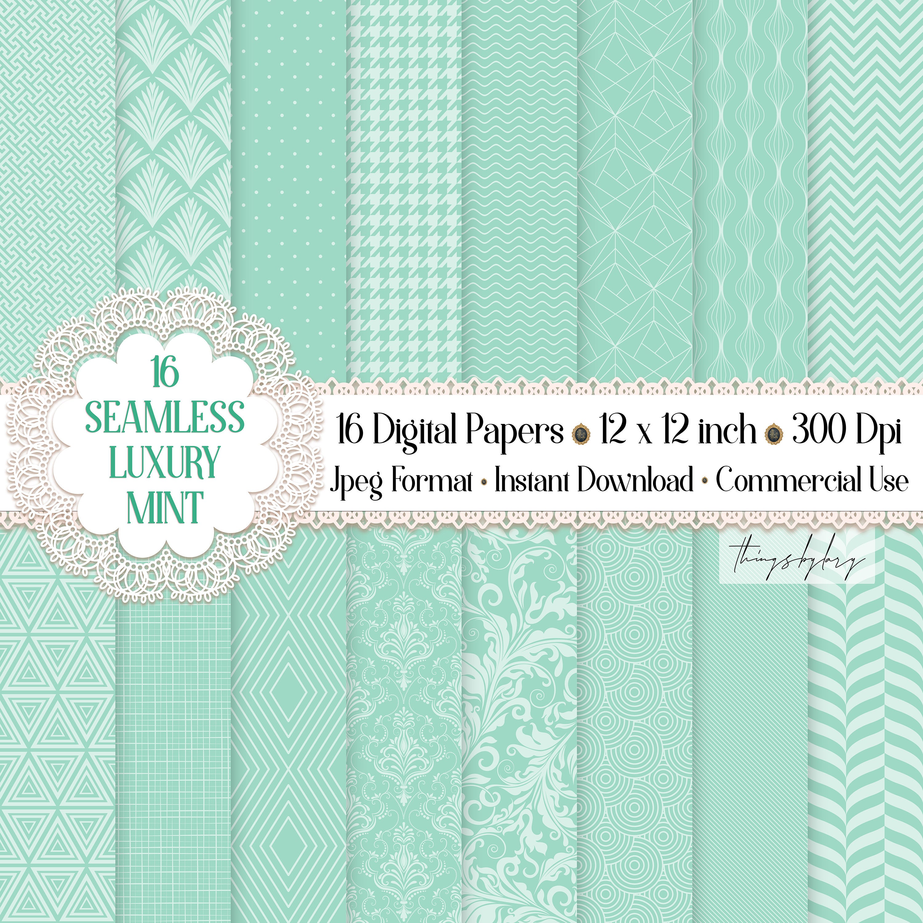 16 Seamless Luxury Mint Digital Papers 300 dpi commercial use damask art deco houndstooth pastel paper herringbone shabby chic mint wedding
