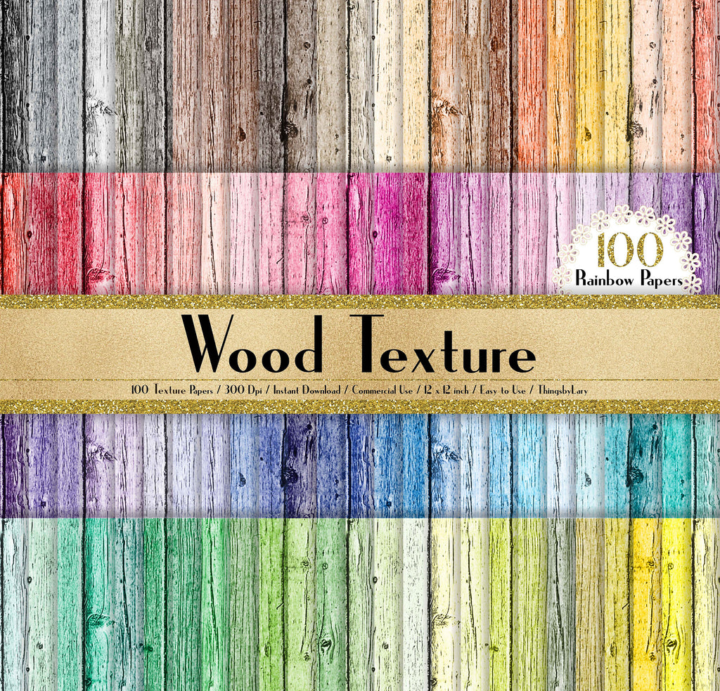 100 Wood Texture Background Papers in 12&quot; x 12&quot;, 300 Dpi Planner Paper, Commercial Use, Scrapbook Paper,Rainbow Paper, 100 Wood Papers