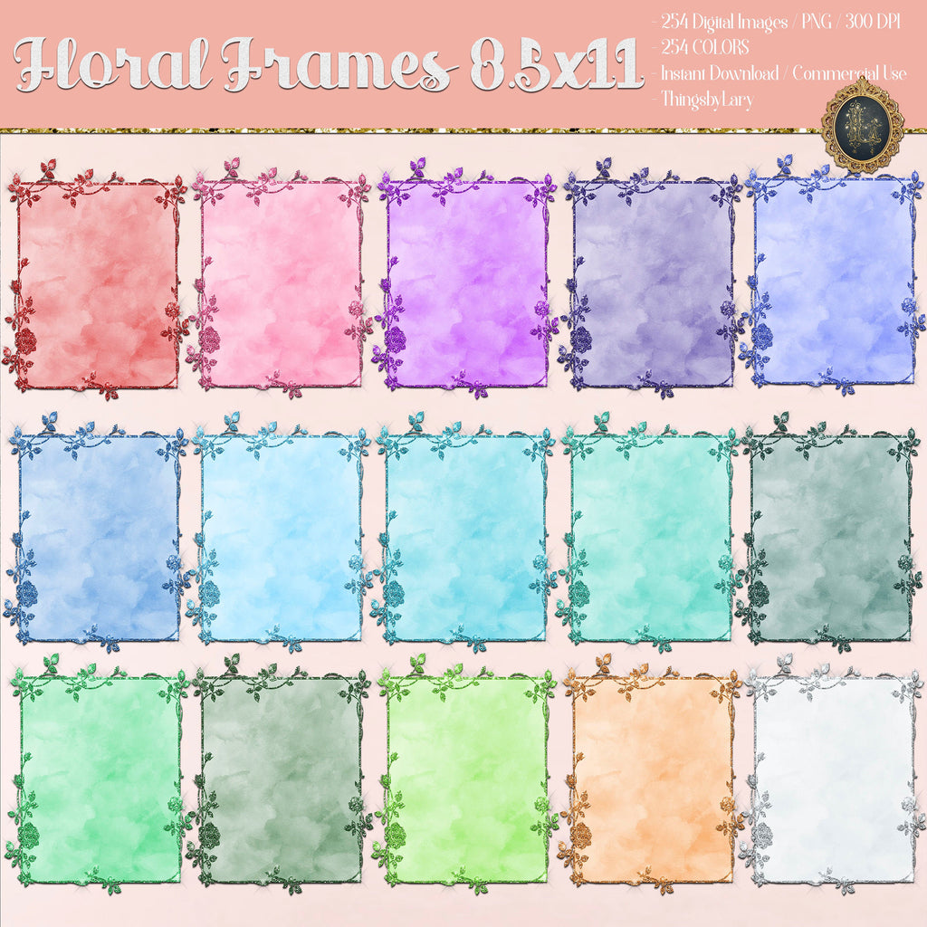 254 Glitter & Watercolor Floral Frames 8.5x11 Clip arts PNG 300 Dpi Instant Download Commercial Use Wedding Card Invitation Bridal Shower