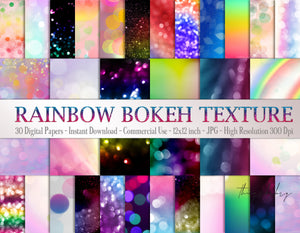 30 Rainbow Shimmering Bokeh Digital Papers 12x12&quot; 300 Dpi Instant Download Commercial Use Scrapbook Colorful Festival Sequin Unicorn Fairy