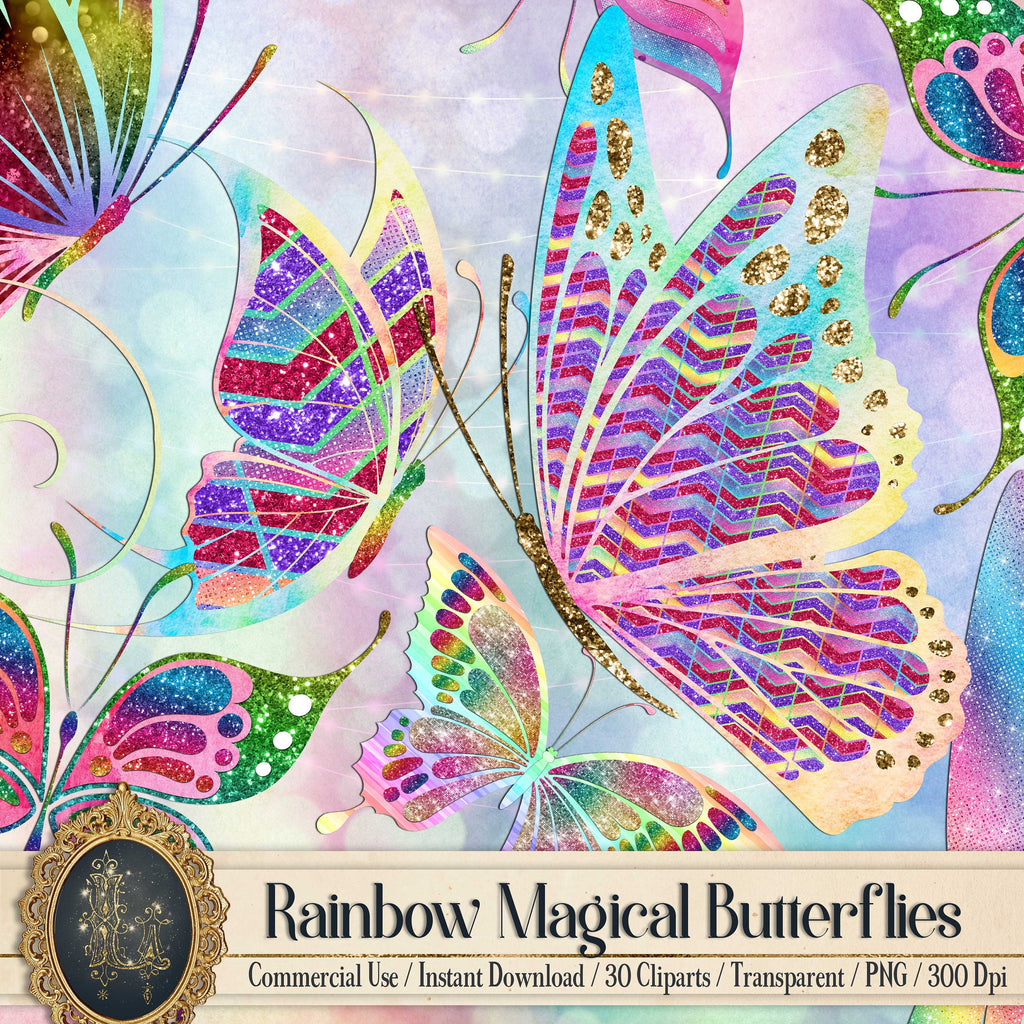 30 Rainbow Glitter & Watercolor Butterfly Clip Arts 300 Dpi Instant Download Commercial Use Transparent Sequin Fairy Magical wing colorful