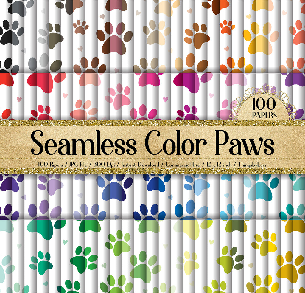 100 Seamless Color Paw Print in White Digital Papers 12x12&quot; 300 Dpi Commercial Use Instant Download Printable Animal Easter Dog Cat Pet Foot