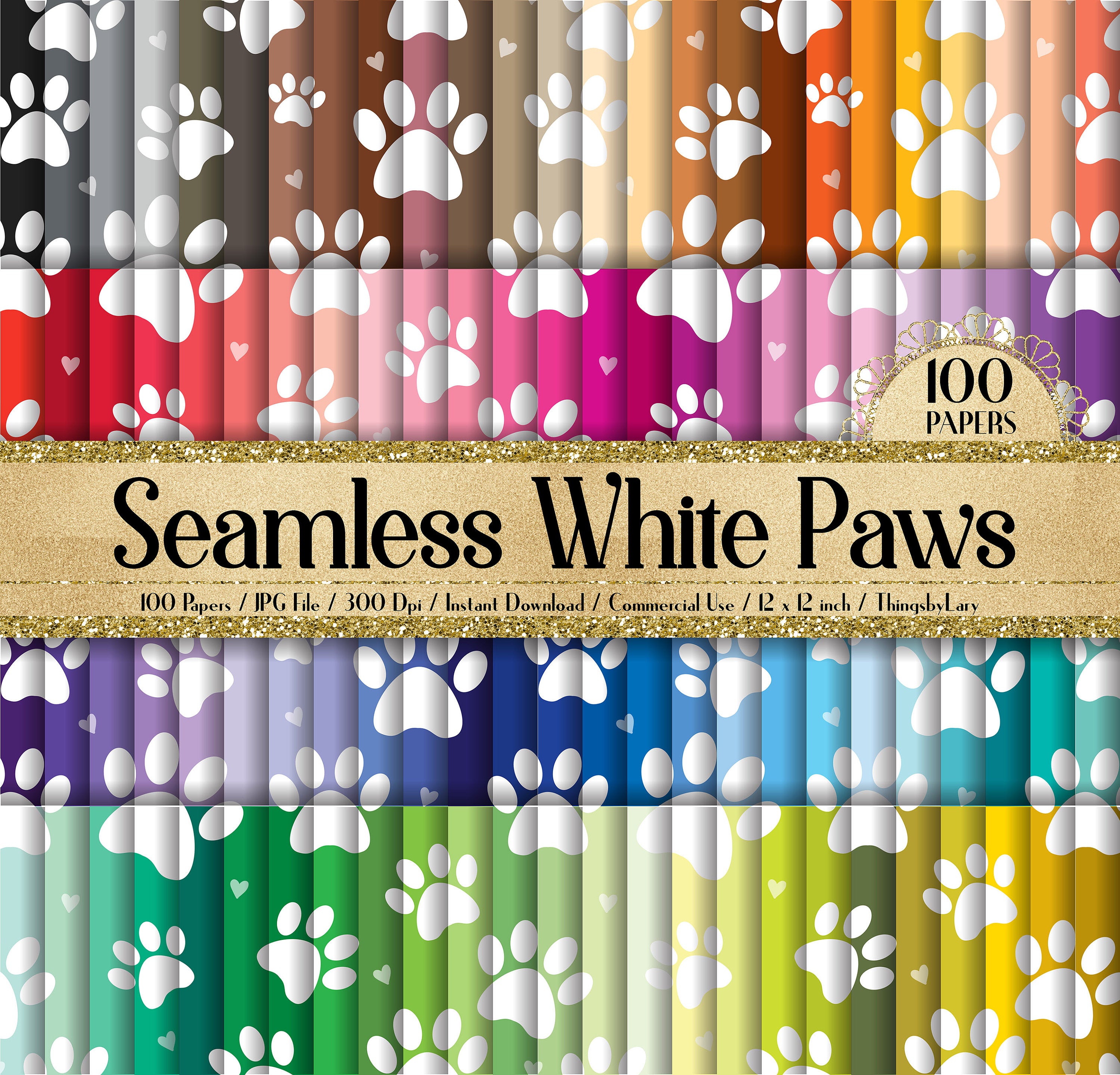 100 Seamless White Paw Print in Color Digital Papers 12x12&quot; 300 Dpi Commercial Use Instant Download Printable Animal Easter Dog Cat Pet Foot